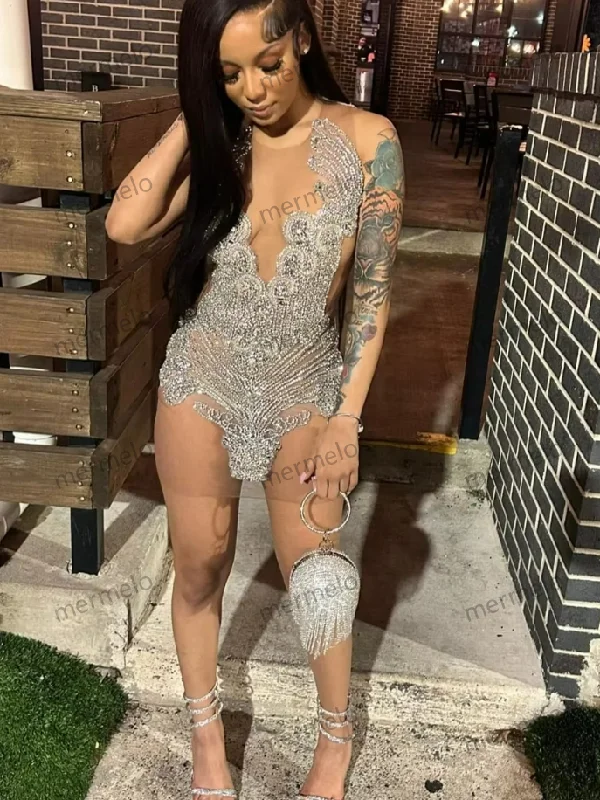 Sexy See Thru Silver Rhinestone Crystal Prom Dresses Black Girls