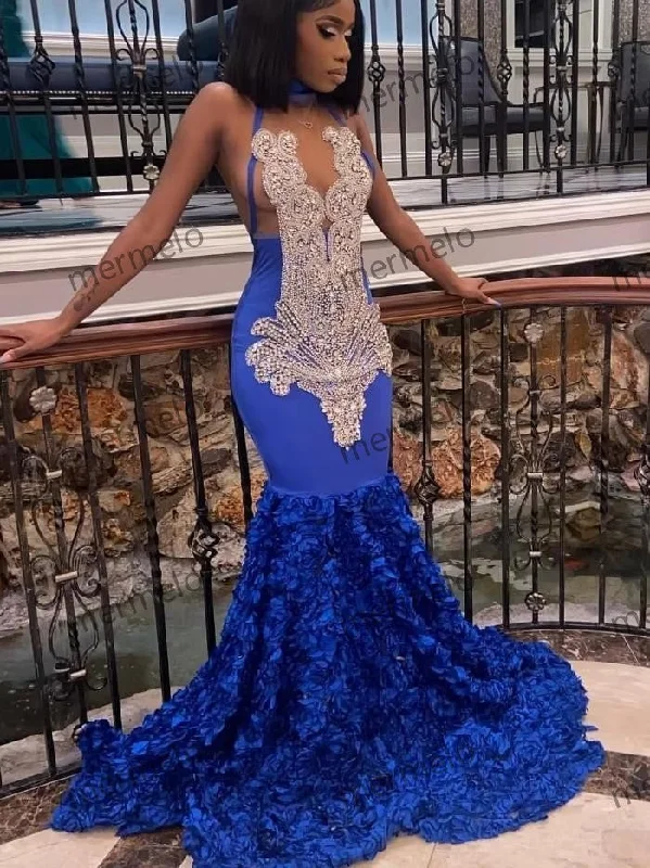 Royal Blue Mermaid Prom Dress Flowers Train Silver Diamonds