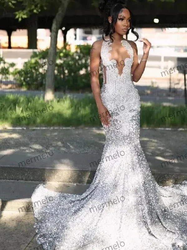 Sexy Diamond Silver Mermaid Prom Formal Dress Black Girl Sparkly