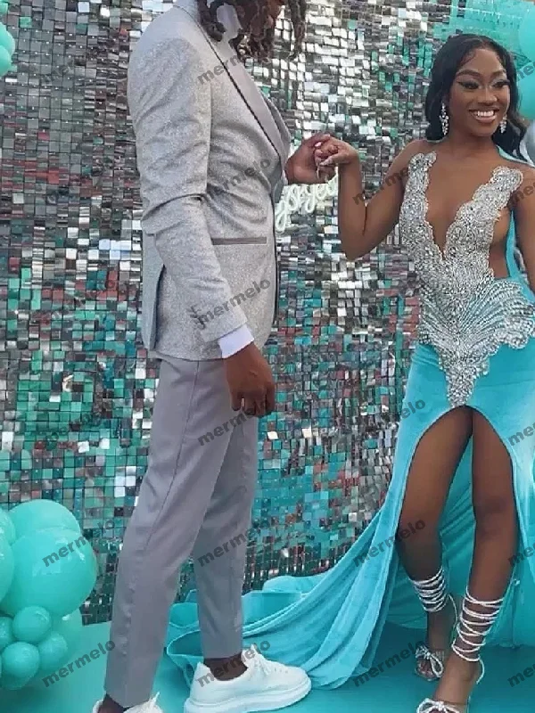 Mint Rhinestone Velvet Prom Dress For Black Girls High Slit Silver Diamond Crystals Beaded Party Gala Gown