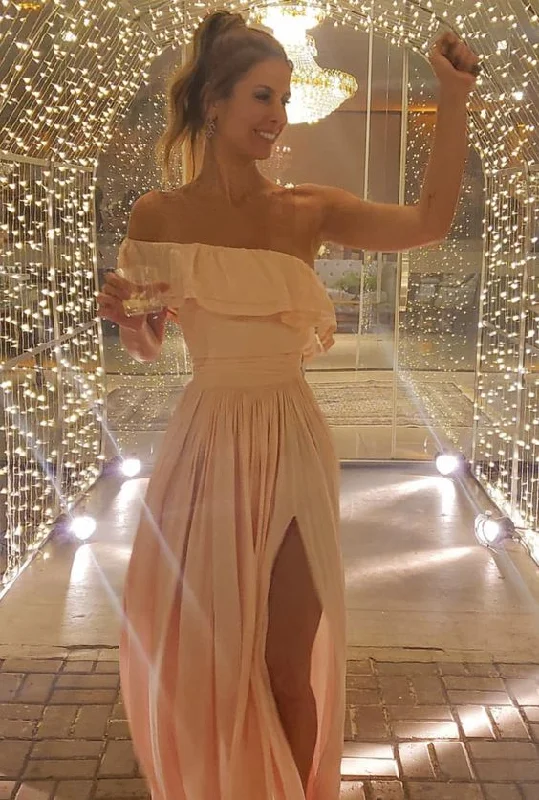 Simple Off The Shoulder A-line Evening Dress With Split  cc1294