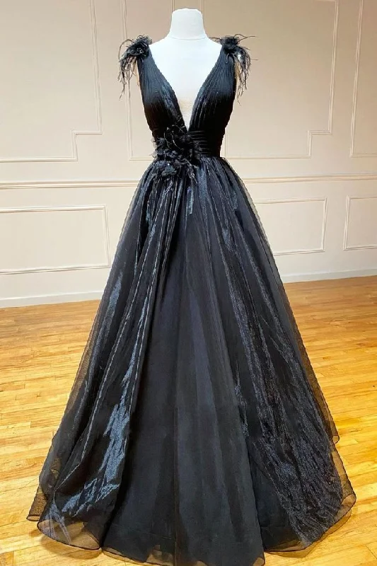 BLACK V NECK TULLE LACE LONG PROM DRESS BLACK TULLE FORMAL DRESS   cg13903