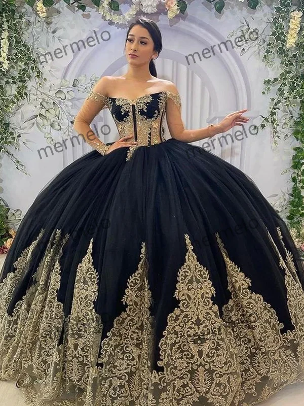 Black And Gold Appliqued Quinceanera Prom Dresses Sweet 16 Dress