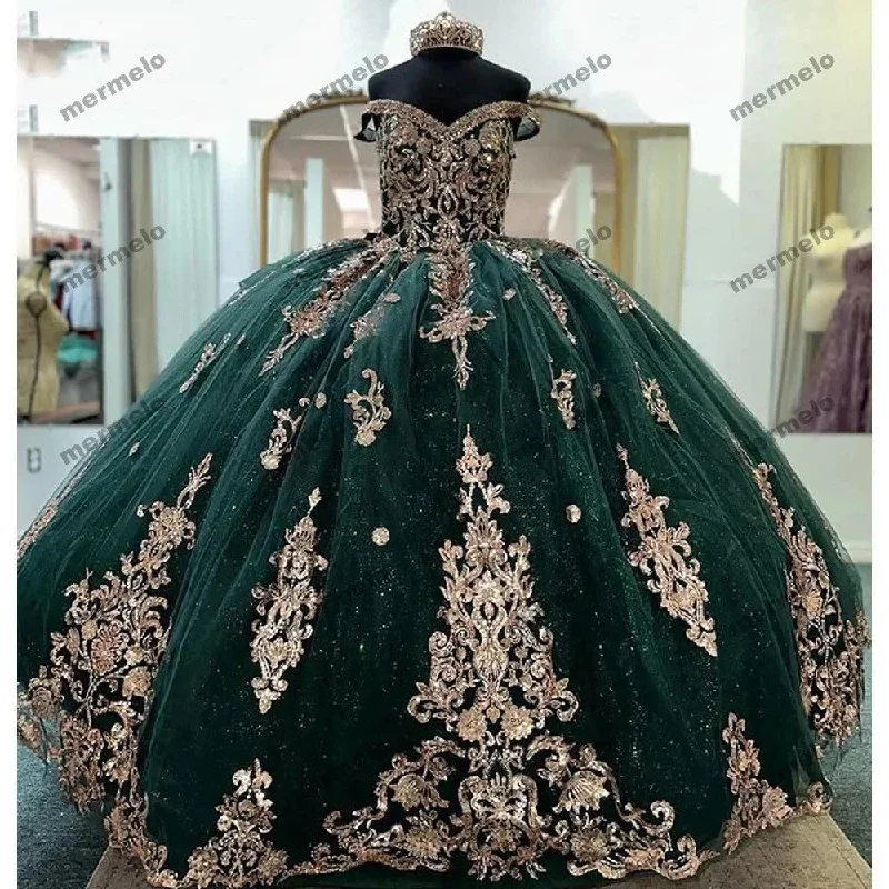 Emerald Green Ball Gown Quinceanera Dresses Gold Appliques Off Shoulder