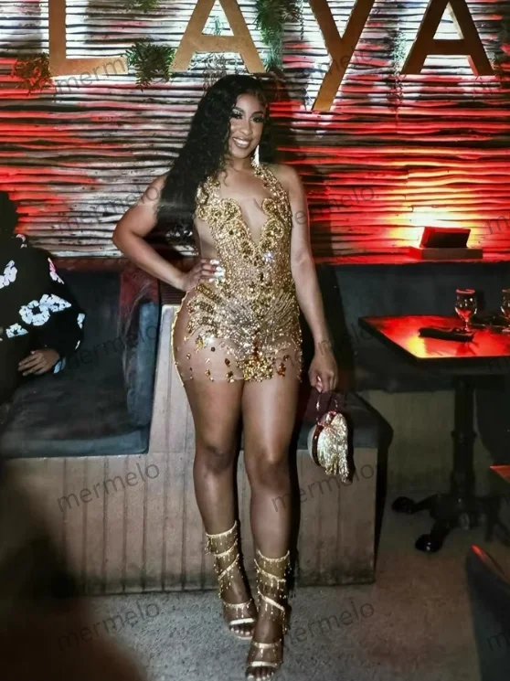 Gold Halter Short Prom Dress For Black Girls