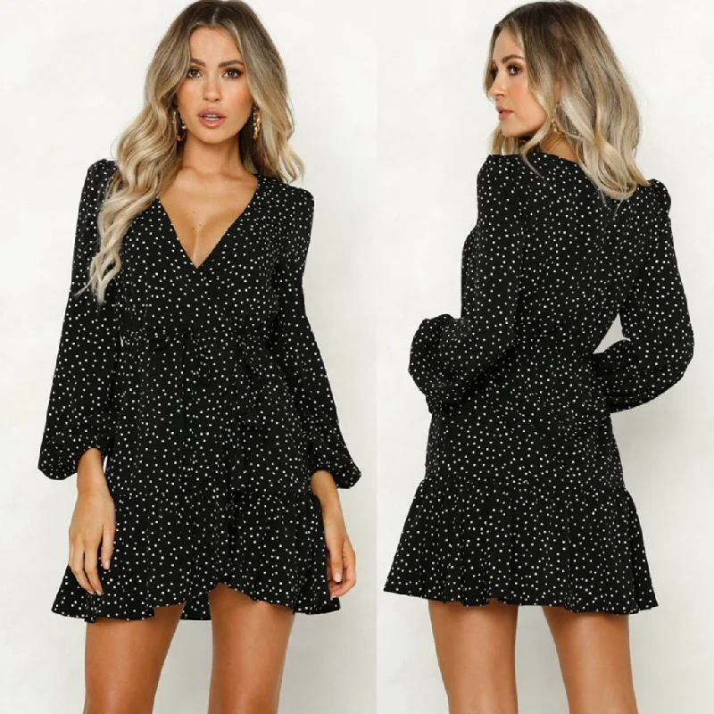 JAYCOSIN Party Vintage Women Dress Long Sleeve Female Sexy V-Neck Autumn 2019 Winter Dress Elegant Dot Print Dresses Vestidos