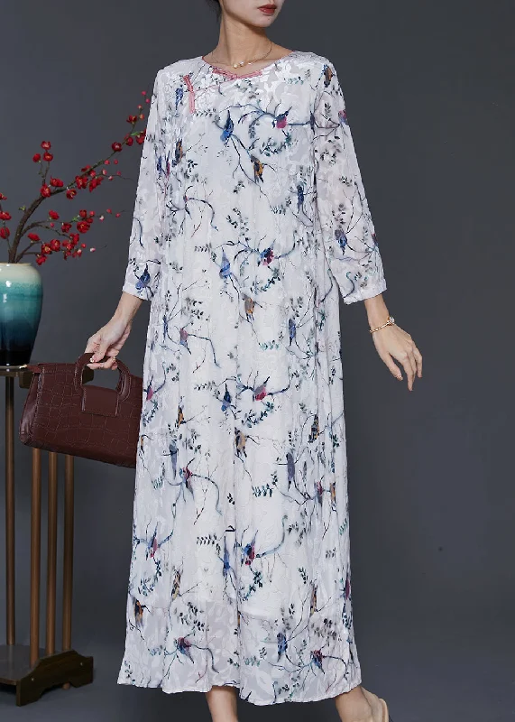 Vintage White Chinese Button Print Silk Velvet Dress Spring