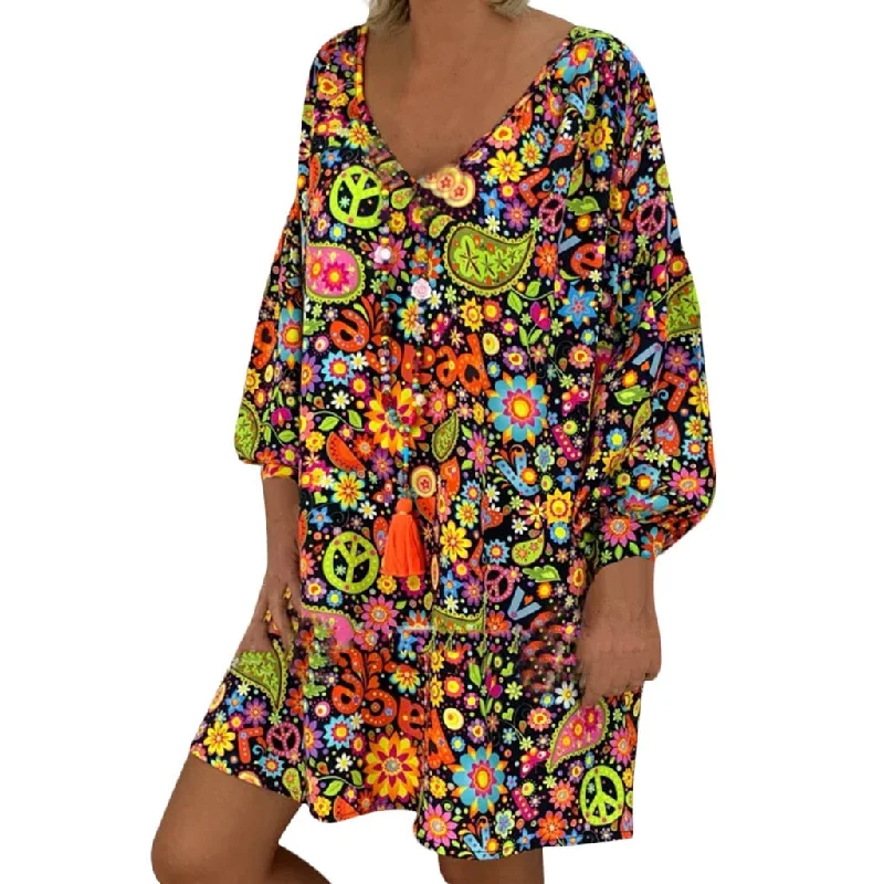 Ethnic Style Large Size Loose Printed Bohemian Beach Dress Summer Leisure Vacation Long Sleeve V-neck High Waist Dress Plus Size Ethnic Style Large Size Loose Printed Bohemian Beach Dress Summer Leisure Vacation Long Sleeve V-neck High Waist Dress Plus Size