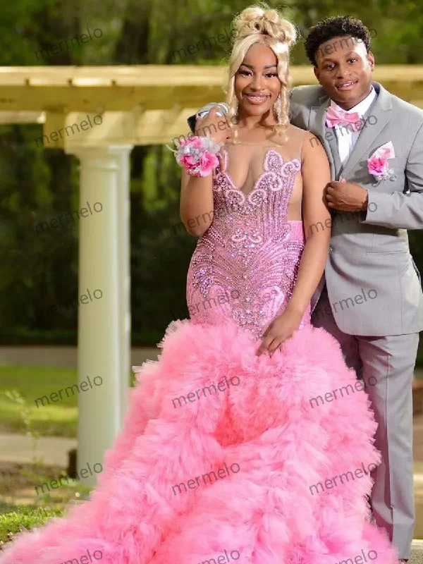 Pink V-Neck Paillette Layered Tulle Draped Pleat Crystal Open Back Prom Dress