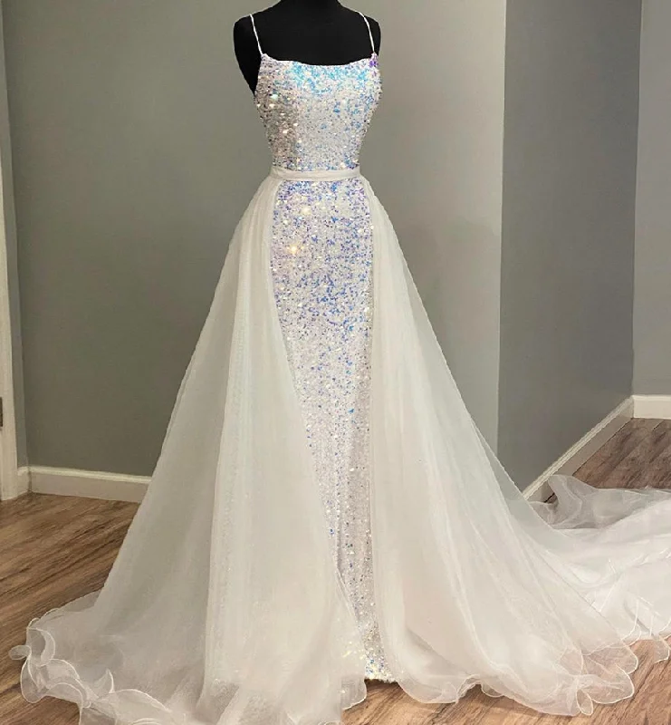 WHITE TULLE SEQUINS LONG PROM DRESS WHITE EVENING DRESS   cg13570