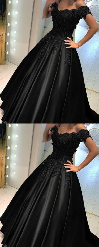Boho Prom Dress, black ball gown prom dress off the shoulder   cg13761