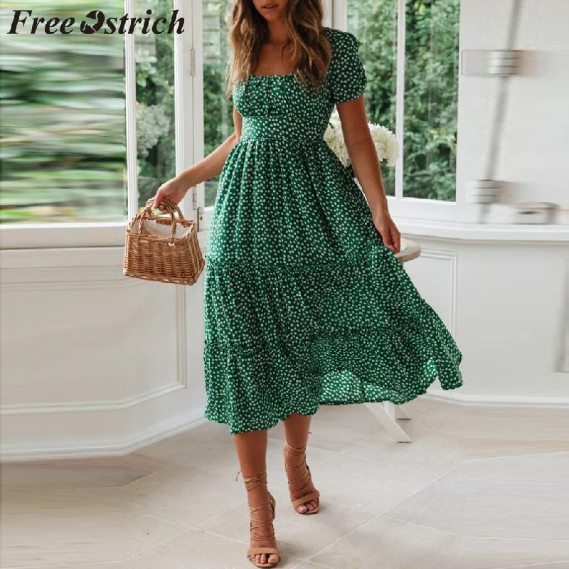 FREE OSTRICH Dress Women Square Collar Mid-Calf Pleated Puff Sleeve Empire Bohemian Current Elegant Graceful Long Dress Summer FREE OSTRICH Dress Women Square Collar Mid-Calf Pleated Puff Sleeve Empire Bohemian Current Elegant Graceful Long Dress Summer