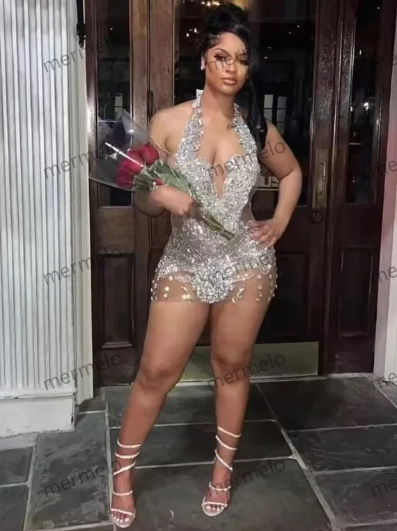 Sexy Silver Bead Crystal Prom Dresses Short Halter Rhinestone
