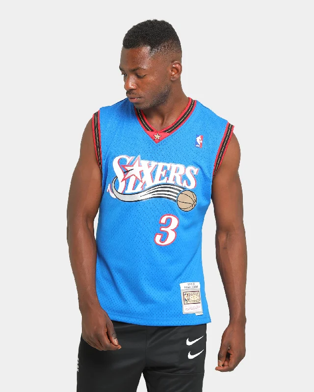 Mitchell & Ness Philadelphia 76ers Allen Iverson '99-'00 #3 Swingman Jersey Royal Geometric Jersey Top Mitchell & Ness Philadelphia 76ers Allen Iverson '99-'00 #3 Swingman Jersey Royal Geometric Jersey Top