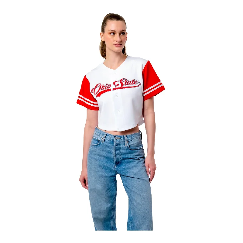 Ladies Ohio State Buckeyes Baseball Script White Cropped Jersey Ruby Red Jersey Shirt