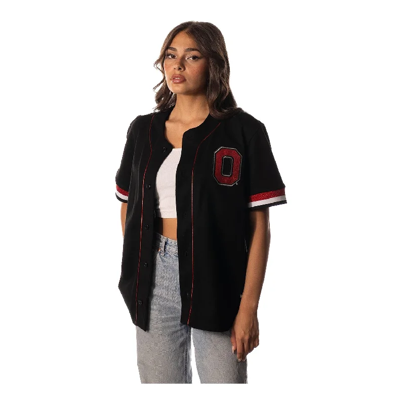 Ladies Woven Button Up Black Baseball Jersey Pure White Jersey Tee