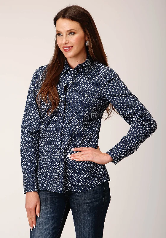WOMENS LONG SLEEVE SNAP MIDNIGHT GEO WESTERN SHIRT Front Pockets Side Pockets Patch Pockets