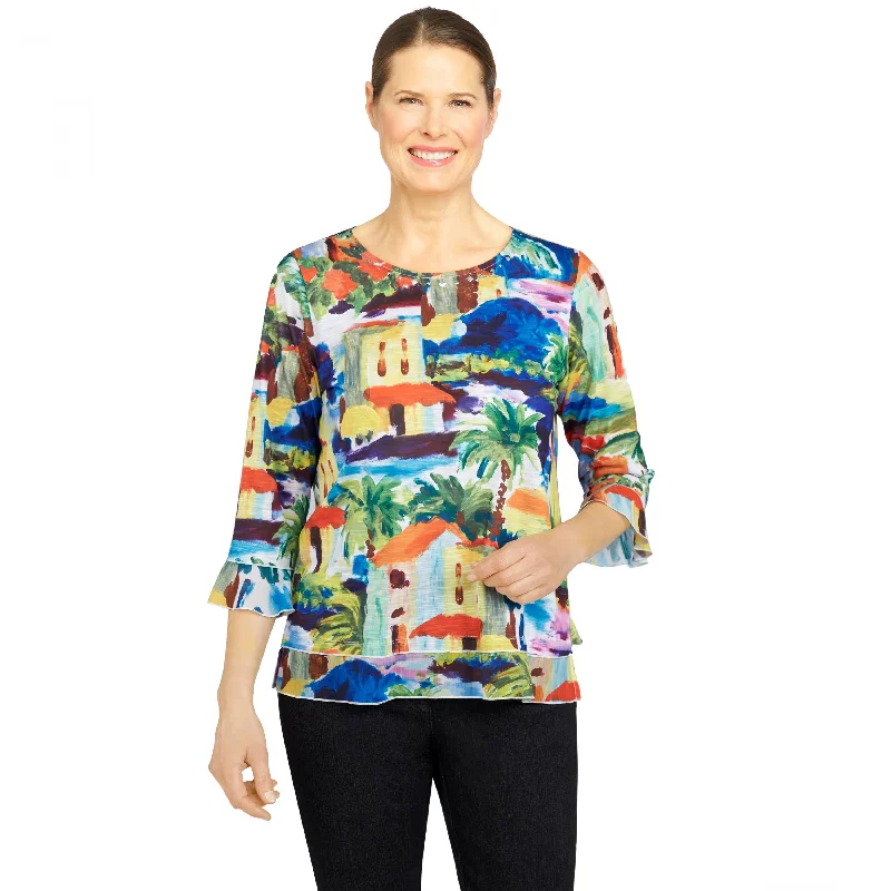 Amalfi Coast Scenic Crew Neck Shirt Polka Dot Checkered Tartan