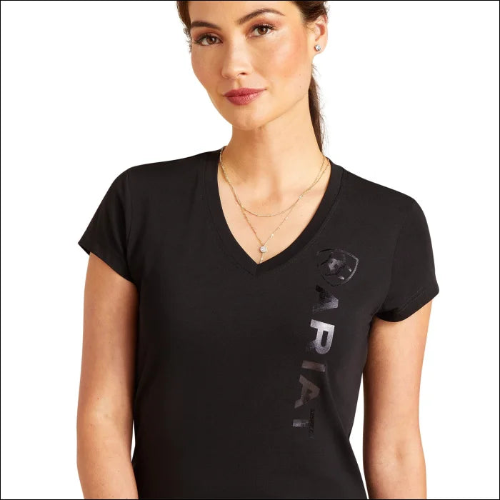 Ariat Women's Vertical Logo V Short Sleeve T-shirt - Black Machine Wash Dry Clean Hand Wash