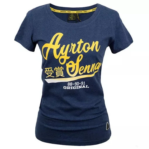 Ayrton Senna Womens T-shirt, Vintage, Blue, 2020 Notch Collar Peter Pan Collar Cowl Neck