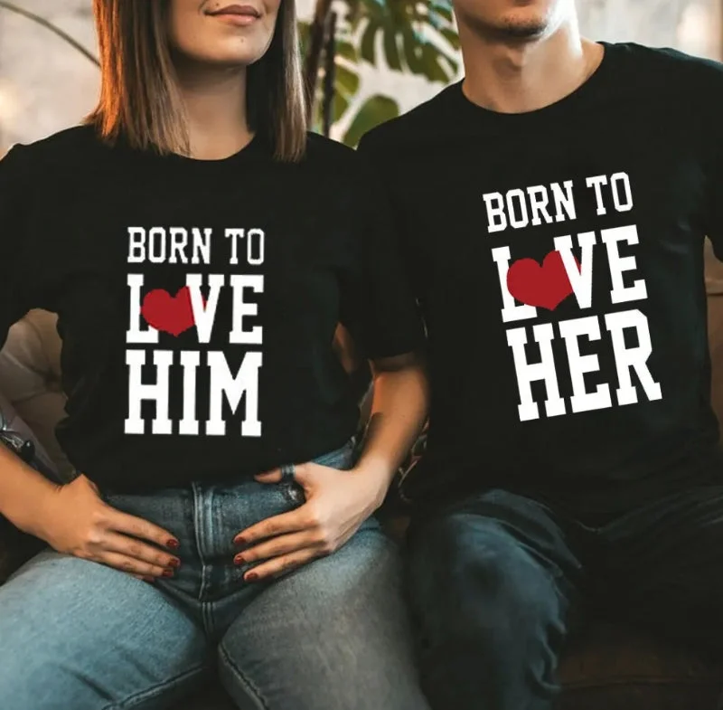 Born To Love Him Her Couple Matching Shirts Solid Print Embellished