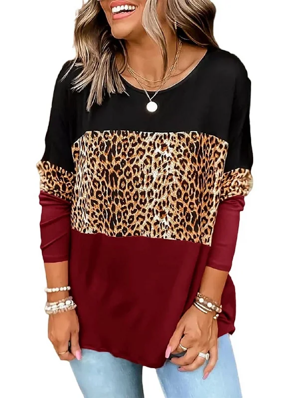 Casual Loose Leopard Round Neck Long Sleeve Color Block T-Shirt Boxy Fit Fitted Loose