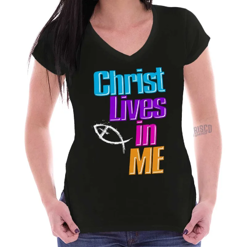 Christ Lives in Me Junior Fit V-Neck T-Shirt Iron Safe Non-Iron Wrinkle Free
