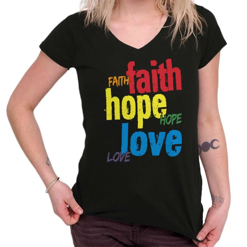 Color Faith Hope Junior Fit V-Neck T-Shirt Welt Pockets Slit Pockets Flap Pockets