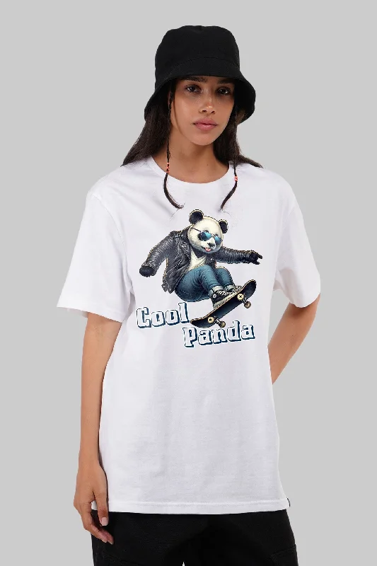 Cool Panda White Boyfriend Fit T-Shirt Women Terry Blend Velvet Blend Canvas Blend