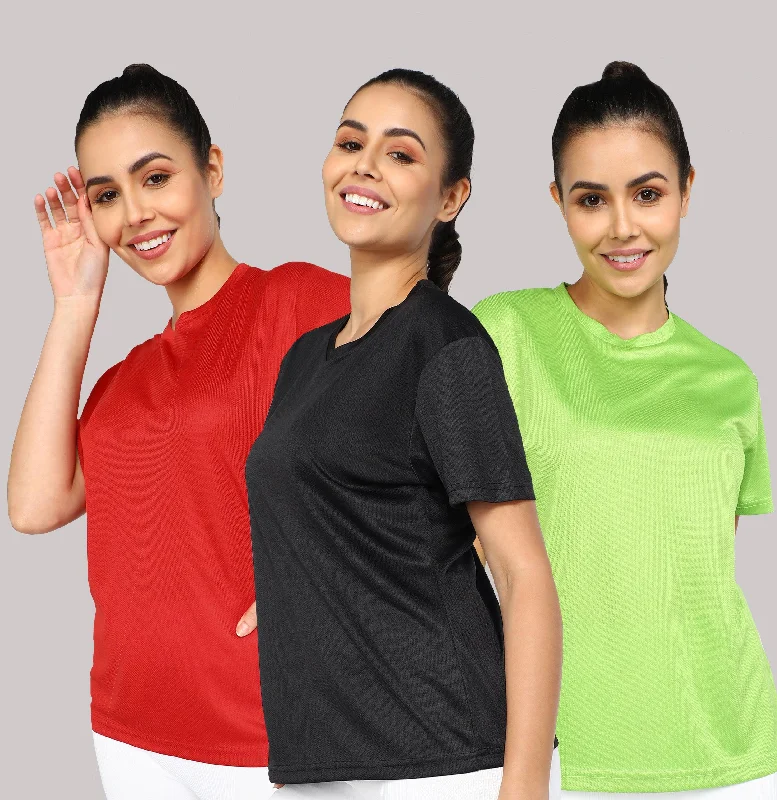 Womens Dry-Fit Sports Combo T.shirt (Red,Green,Black) Ribbed Striped Patterned