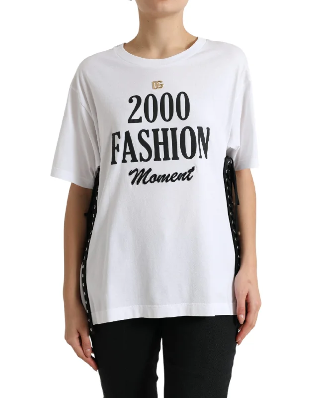 Dolce & Gabbana Elegant White Lace-Up Cotton Tee Real Fur Shearling Chenille