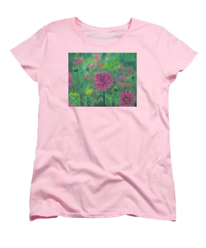 Dreaming of Dahlias ~ Women's T-Shirt (Standard Fit) Spandex Blend Rayon Blend Denim Blend