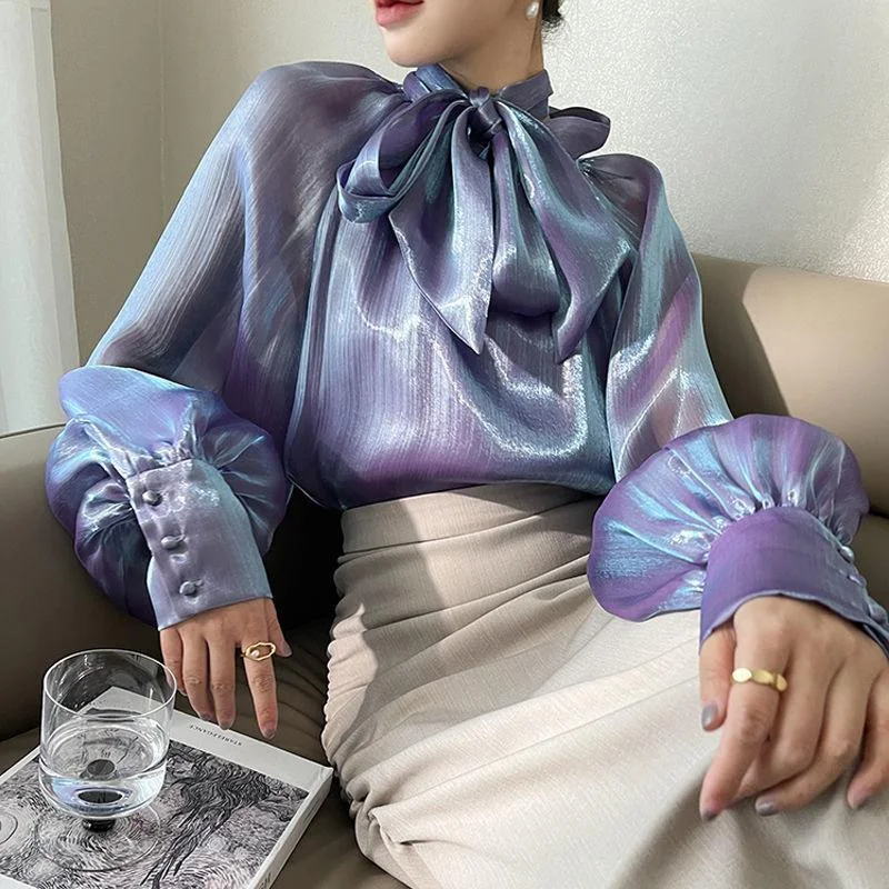 Elegant metallic effect women's shirt Handmade Hand-knitted Hand-woven