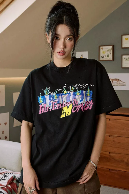 Flame Embroidered Loose Fit Tee Ribbed T-Shirt High Neck Heavyweight