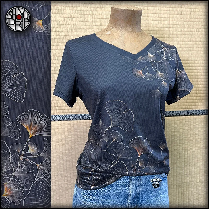 Ginkgo Womens V-Neck T-Shirt Knit Fabric Woven Fabric Fleece Fabric