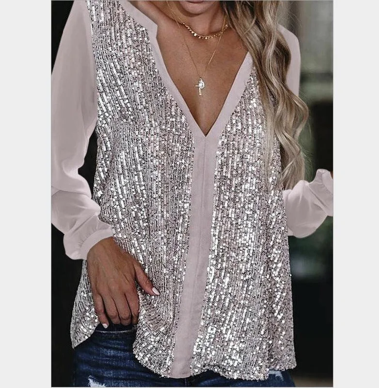 glitter women's shirt Zippered Front Buttoned Front Snap Front