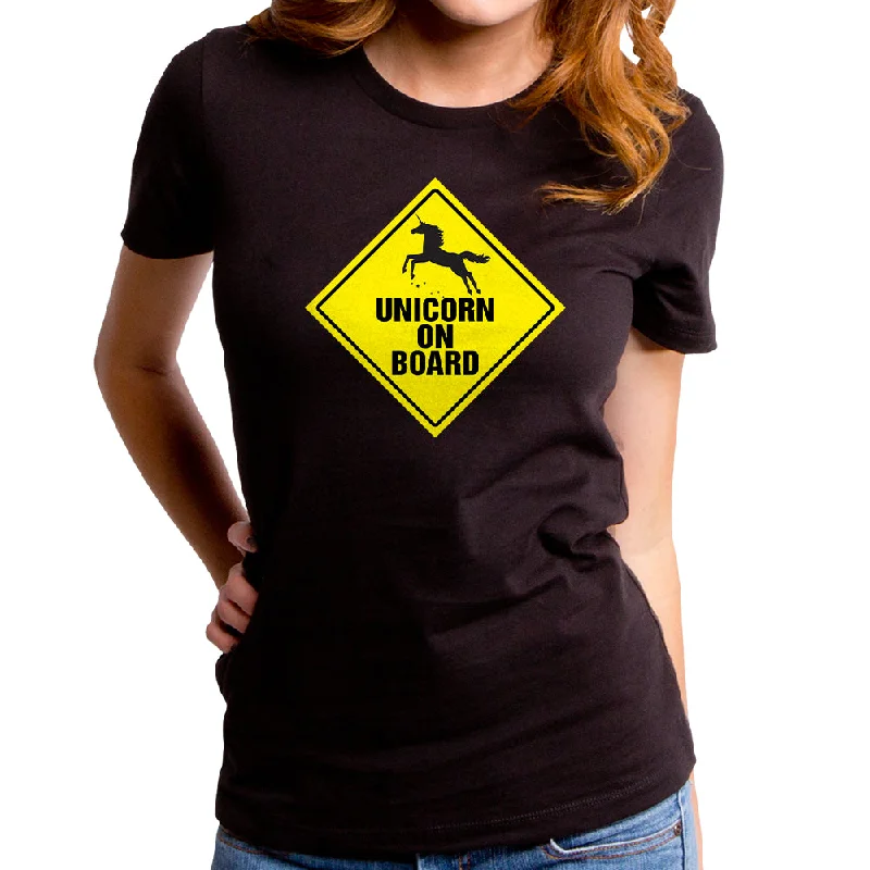 Unicorn on Board Women's T-Shirt Notch Collar Peter Pan Collar Cowl Neck
