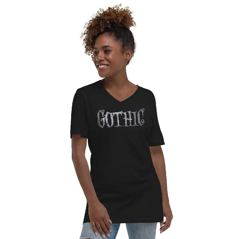 Gothic Spider Web Style Letters Dark Goth Women’s Short Sleeve V-Neck T-Shirt Hooded Caped Shawl Collar