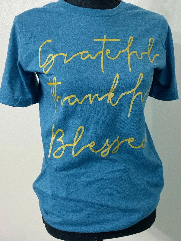 Grateful Thankful Blessed Heather Teal Graphic Tee Asymmetrical Pockets Print