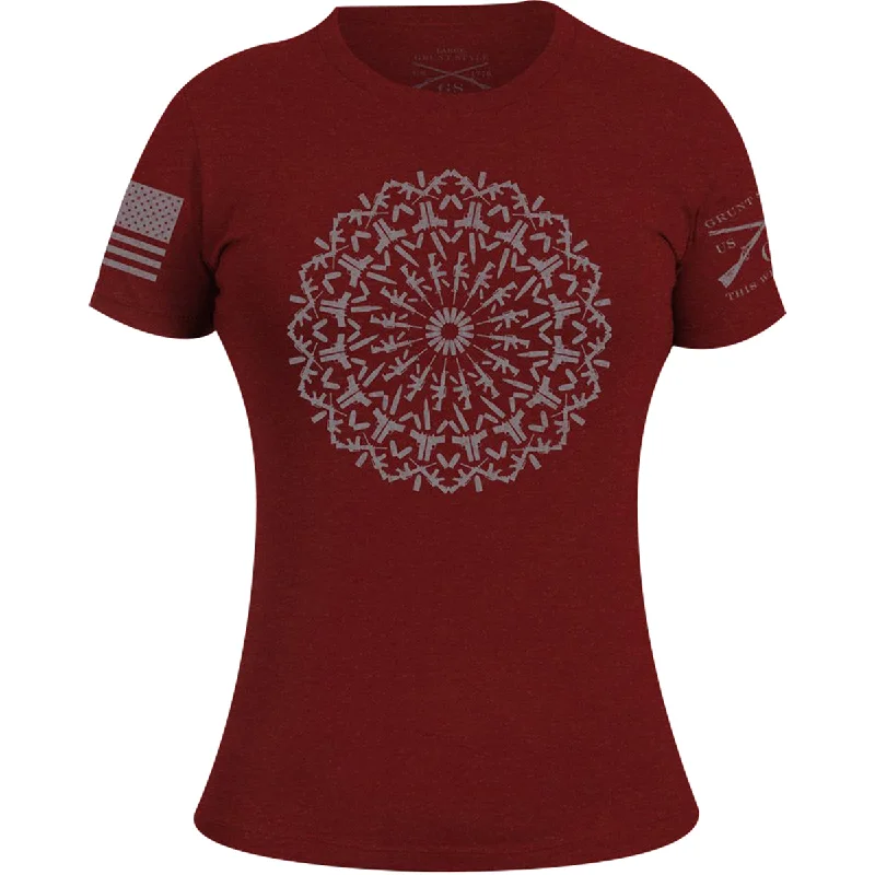 Grunt Style Women's Gun Mandala T-Shirt - Red Collared Crew Neck Turtle Neck