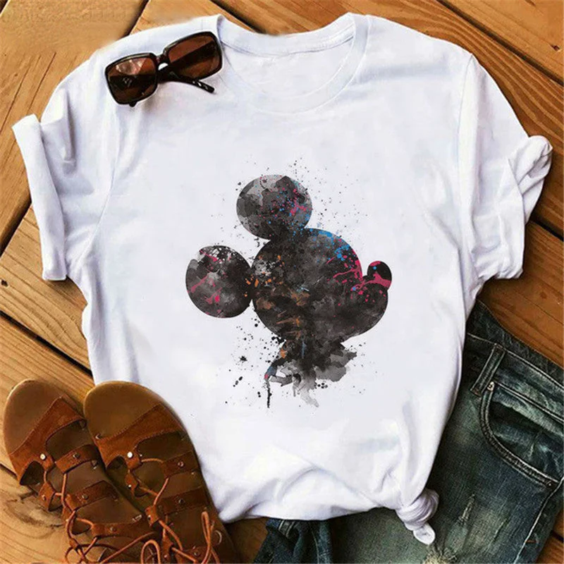 Harajuku Mouse Cartoon Printing T Shirts Women Mickey Graphic Tshirt Summer Short Sleeve Cute Shirt Vogue Tops Female T-Shirts Notch Collar Peter Pan Collar Cowl Neck