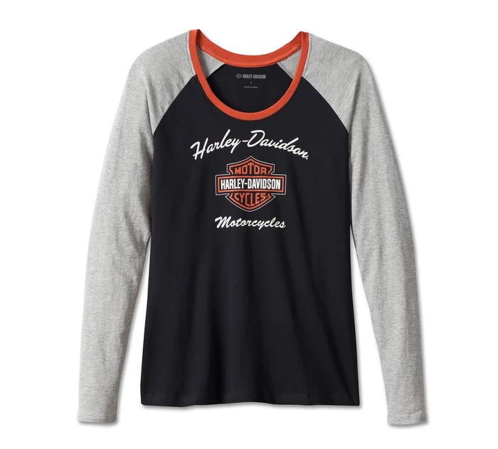 Harley-Davidson® Women's First-Class Long Sleeve Raglan Tee - Colorblocked - Black Beauty Polka Dot Checkered Tartan