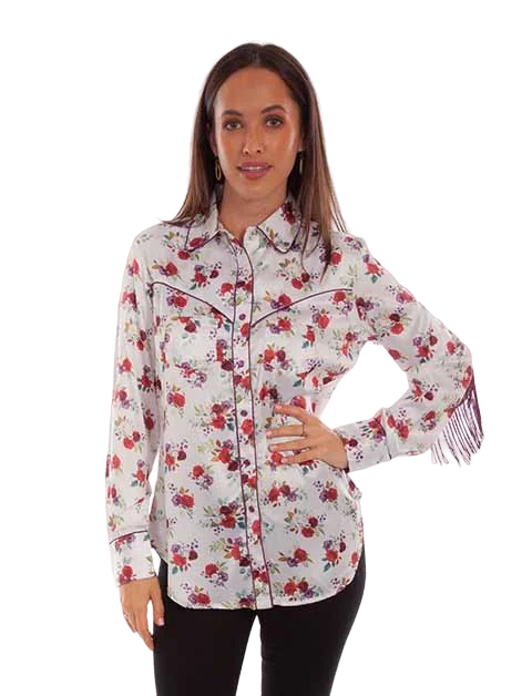 Scully Leathers Women's Satin Floral Shirt Handmade Hand-knitted Hand-woven