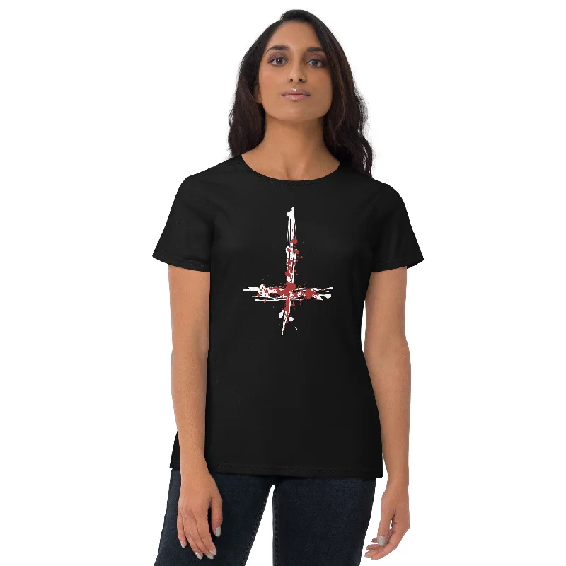 Inverted Cross Blood of Christ Women's Short Sleeve Babydoll T-shirt Polka Dot Checkered Tartan