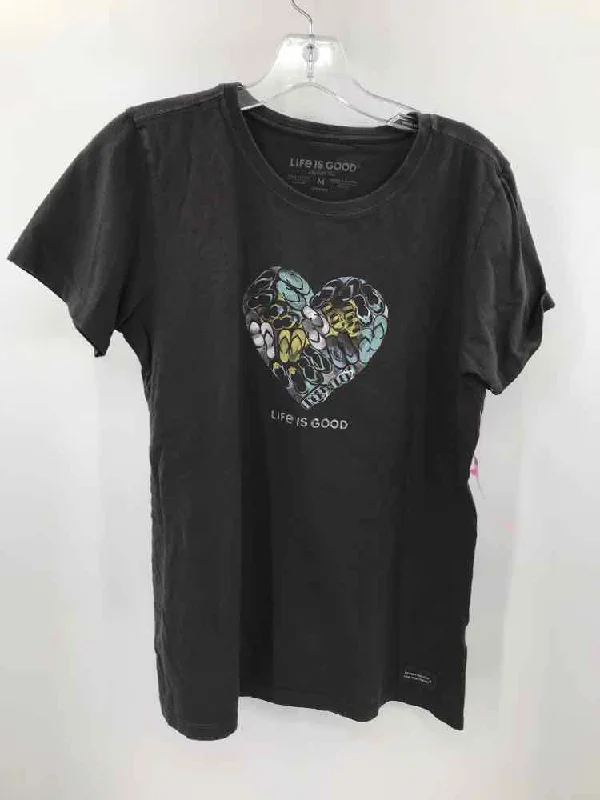 Pre-Owned Life Is Good Grey Size Medium Graphic T-shirt Asymmetrical Pockets Print