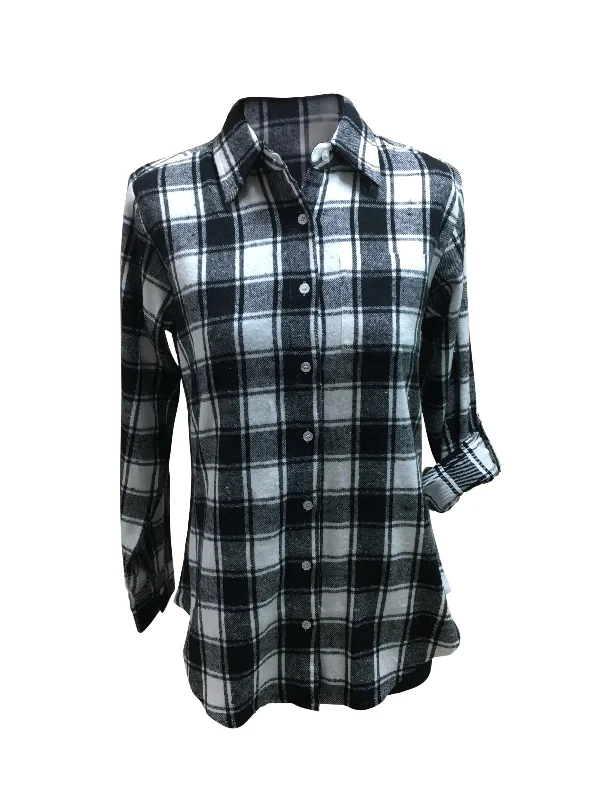 Ladies Long Sleeve Roll Tab Brushed Flannel Shirt. Black/ White plaid. Style# 9347 Anti-Shrink Durable Soft