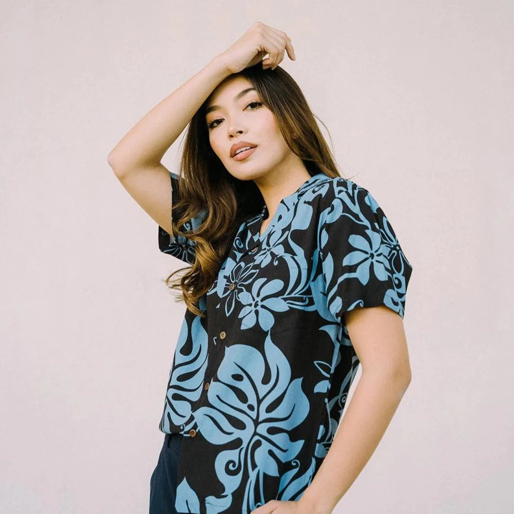 Monstera Abstract Petite Aloha Shirt, Made in Hawaii Print Jacquard Patchwork