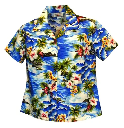 Pacific Legend Women's Diamond Head Ocean Wave Fitted Shirt Mesh Canvas Denim
