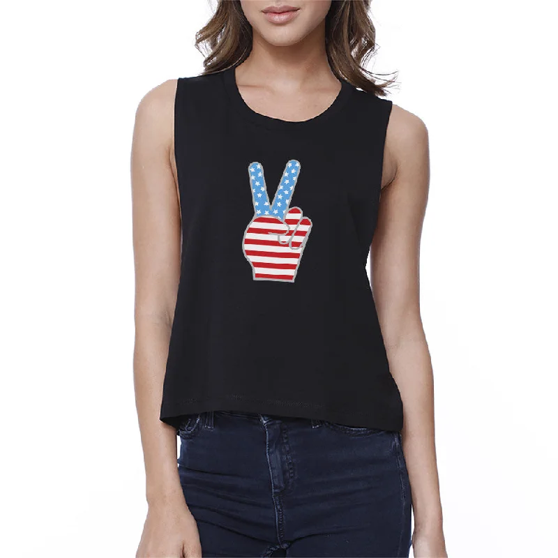 Peace American Flag Womens Crop Tee Unique Peace Sign Tee For Her Houndstooth Herringbone Solid