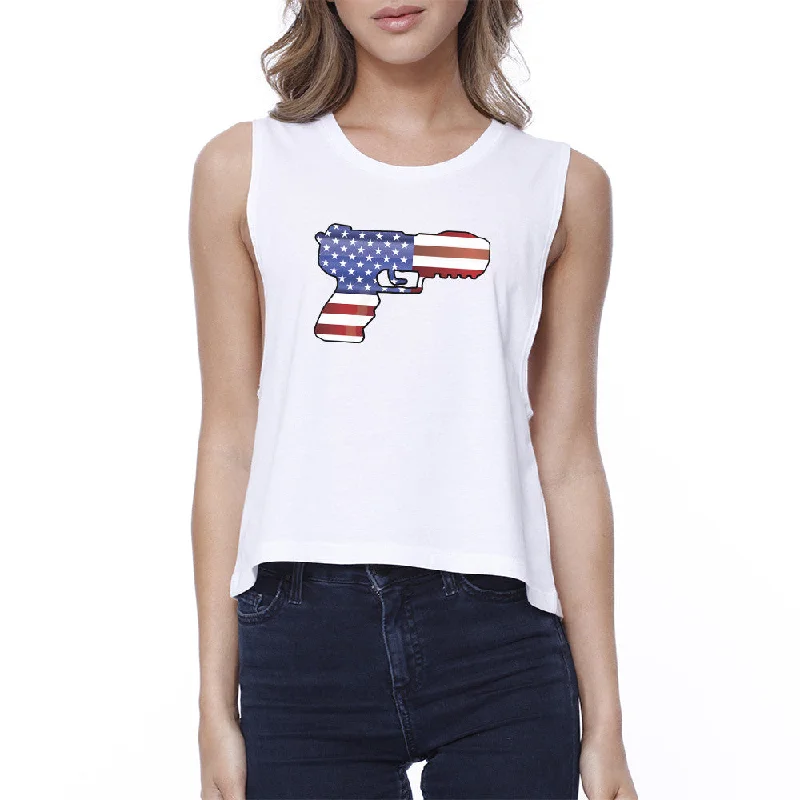 Pistol Shaped American Flag Unique Independence Day Womens Crop Tee Collared Crew Neck Turtle Neck
